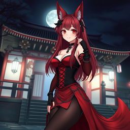 A captivating gothic anime girl Kitsune with long, sexy red hair, elegantly dressed in a striking red and black Japanese-style dress intricately adorned with chains