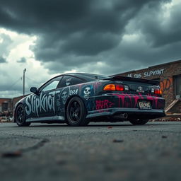 A Toyota Celica parked in an urban street setting, prominently featuring dramatic graffiti art inspired by the band Slipknot, with vibrant colors and dark themes reflective of the band's aesthetic