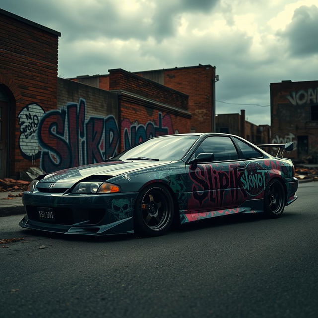 A Toyota Celica parked in an urban street setting, prominently featuring dramatic graffiti art inspired by the band Slipknot, with vibrant colors and dark themes reflective of the band's aesthetic