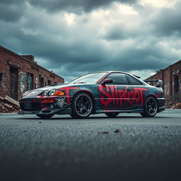 A Toyota Celica parked in an urban street setting, prominently featuring dramatic graffiti art inspired by the band Slipknot, with vibrant colors and dark themes reflective of the band's aesthetic