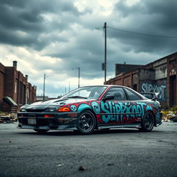 A Toyota Celica parked in an urban street setting, prominently featuring dramatic graffiti art inspired by the band Slipknot, with vibrant colors and dark themes reflective of the band's aesthetic