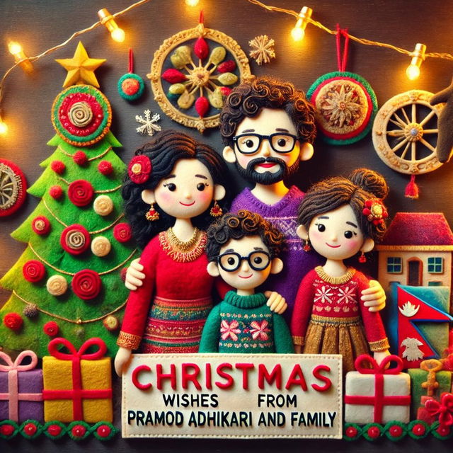 A cheerful Nepali family celebrating Christmas, featuring a 35-year-old father with curly hair and glasses (without a beard), a young son also wearing glasses, a mother dressed in a beautifully designed kurta, and a daughter in a vibrant kurta