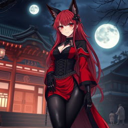 A breathtaking gothic anime girl Kitsune with long, sexy red hair, elegantly attired in a striking red and black Japanese-style dress adorned with an abundance of chains