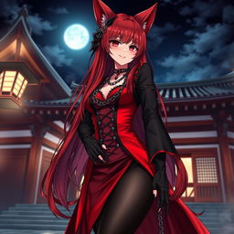 A breathtaking gothic anime girl Kitsune with long, sexy red hair, elegantly attired in a striking red and black Japanese-style dress adorned with an abundance of chains