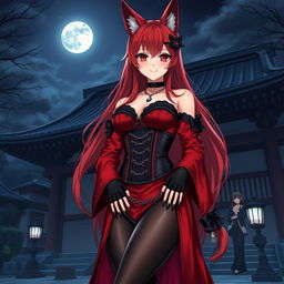 A breathtaking gothic anime girl Kitsune with long, sexy red hair, elegantly attired in a striking red and black Japanese-style dress adorned with an abundance of chains