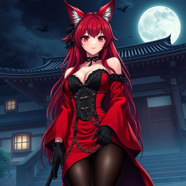 A breathtaking gothic anime girl Kitsune with long, sexy red hair, elegantly attired in a striking red and black Japanese-style dress adorned with an abundance of chains