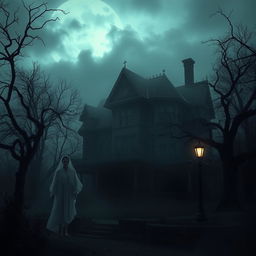 A haunting and chilling scene inspired by American Horror Story, featuring an eerie Victorian mansion shrouded in fog, with twisted trees surrounding the property