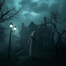 A haunting and chilling scene inspired by American Horror Story, featuring an eerie Victorian mansion shrouded in fog, with twisted trees surrounding the property