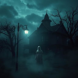 A haunting and chilling scene inspired by American Horror Story, featuring an eerie Victorian mansion shrouded in fog, with twisted trees surrounding the property