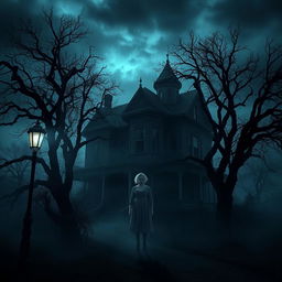 A haunting and chilling scene inspired by American Horror Story, featuring an eerie Victorian mansion shrouded in fog, with twisted trees surrounding the property