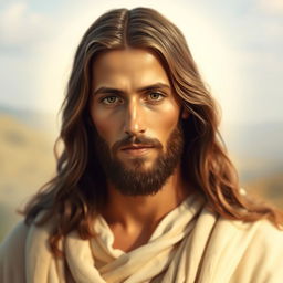 A serene and dignified portrait representing the face of Jesus Christ, with compassionate eyes that reflect love and understanding