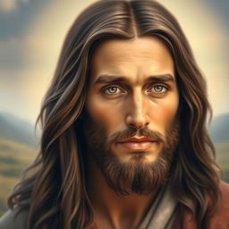 A serene and dignified portrait representing the face of Jesus Christ, with compassionate eyes that reflect love and understanding