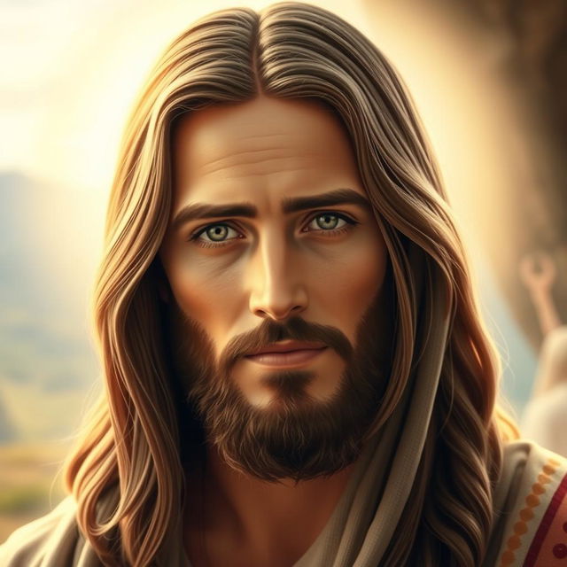 A serene and dignified portrait representing the face of Jesus Christ, with compassionate eyes that reflect love and understanding