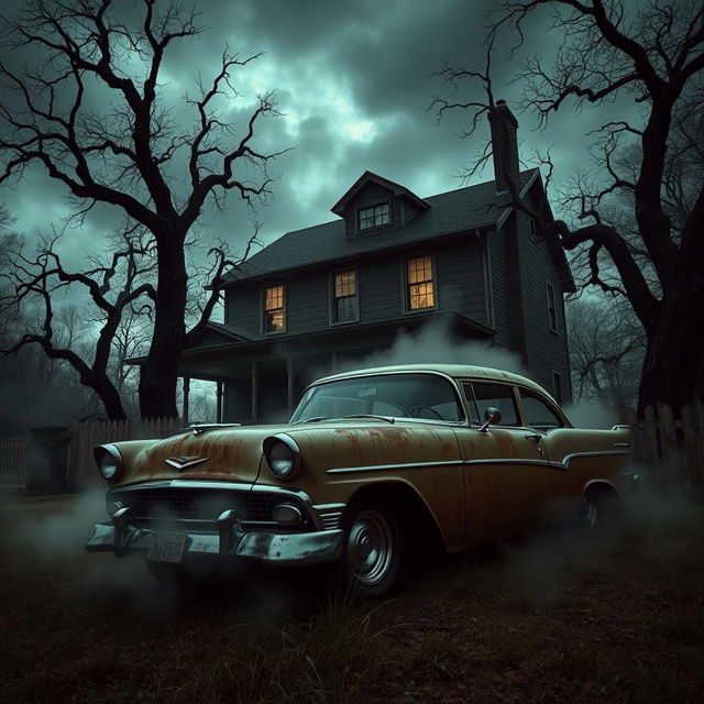 A classic 1950s American car, vintage and rusty, parked in front of a creepy haunted house with dark ominous skies hovering above it