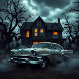 A classic 1950s American car, vintage and rusty, parked in front of a creepy haunted house with dark ominous skies hovering above it