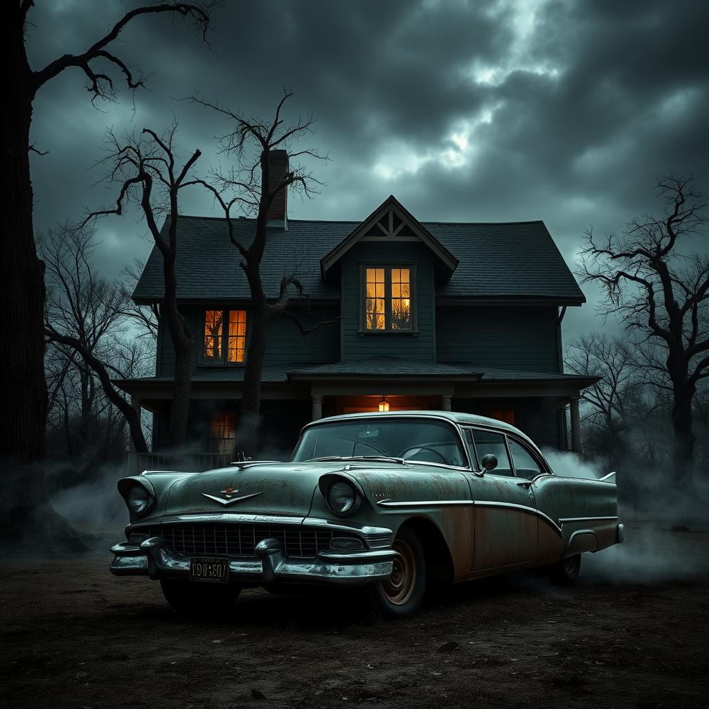 A classic 1950s American car, vintage and rusty, parked in front of a creepy haunted house with dark ominous skies hovering above it