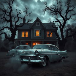 A classic 1950s American car, vintage and rusty, parked in front of a creepy haunted house with dark ominous skies hovering above it