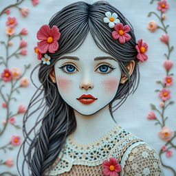 An intricately embroidered portrait of a girl with delicate features, featuring long flowing hair adorned with flowers, wearing a vintage dress with lace details