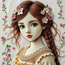 An intricately embroidered portrait of a girl with delicate features, featuring long flowing hair adorned with flowers, wearing a vintage dress with lace details