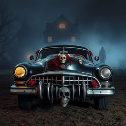 A vintage horror-themed car inspired by American Horror Story, featuring gothic elements and eerie decorations, set in a foggy, mysterious landscape