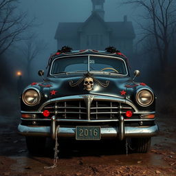 A vintage horror-themed car inspired by American Horror Story, featuring gothic elements and eerie decorations, set in a foggy, mysterious landscape