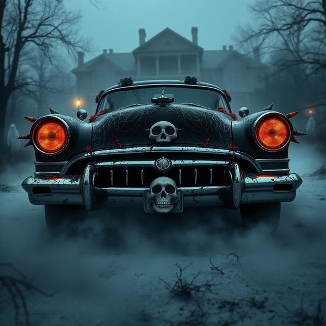 A vintage horror-themed car inspired by American Horror Story, featuring gothic elements and eerie decorations, set in a foggy, mysterious landscape