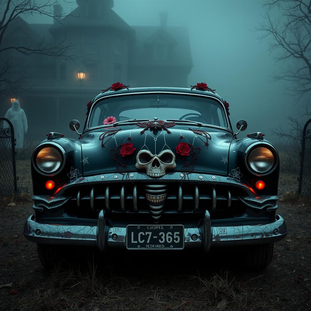 A vintage horror-themed car inspired by American Horror Story, featuring gothic elements and eerie decorations, set in a foggy, mysterious landscape