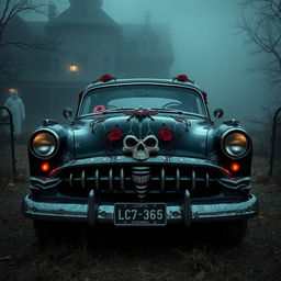 A vintage horror-themed car inspired by American Horror Story, featuring gothic elements and eerie decorations, set in a foggy, mysterious landscape