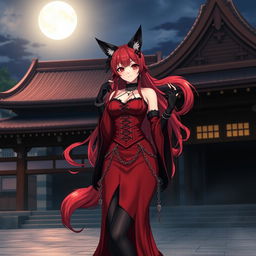 A seductive gothic anime girl Kitsune with long, sexy red hair, wearing a magnificent long red and black Japanese-style dress embellished with numerous chains