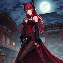 A seductive gothic anime girl Kitsune with long, sexy red hair, wearing a magnificent long red and black Japanese-style dress embellished with numerous chains