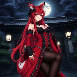 A seductive gothic anime girl Kitsune with long, sexy red hair, wearing a magnificent long red and black Japanese-style dress embellished with numerous chains