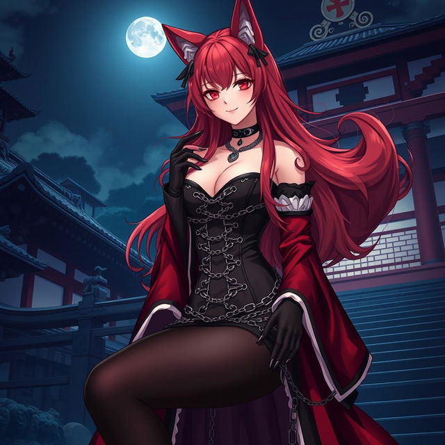 A seductive gothic anime girl Kitsune with long, sexy red hair, wearing a magnificent long red and black Japanese-style dress embellished with numerous chains