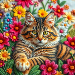 An exquisitely embroidered image of a cat, showcasing its majestic fur in vibrant hues and intricate patterns