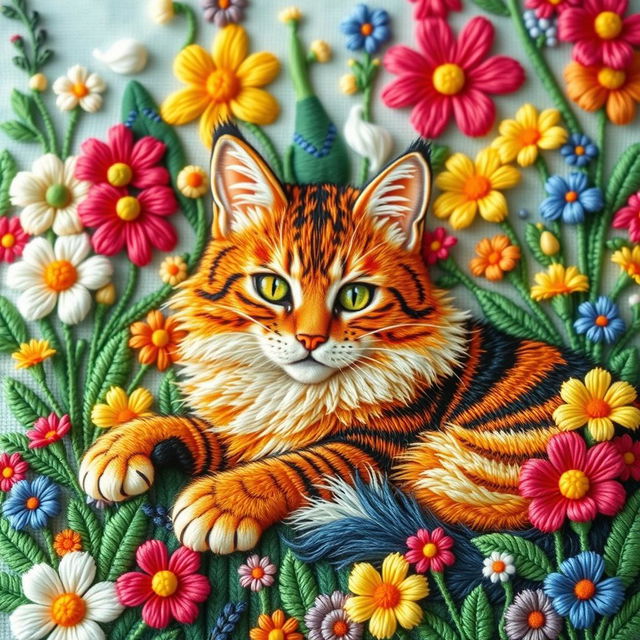 An exquisitely embroidered image of a cat, showcasing its majestic fur in vibrant hues and intricate patterns