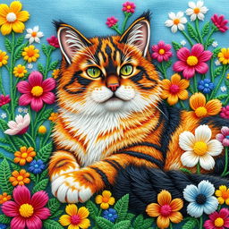 An exquisitely embroidered image of a cat, showcasing its majestic fur in vibrant hues and intricate patterns
