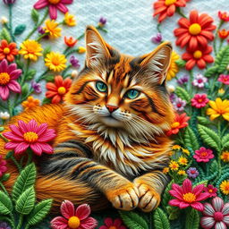 An exquisitely embroidered image of a cat, showcasing its majestic fur in vibrant hues and intricate patterns