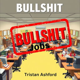 A flat cover design depicting a realistic office setting, featuring cluttered desks and confused employees, all rendered in a lively and dynamic style to capture the chaos and absurdity of the work environment