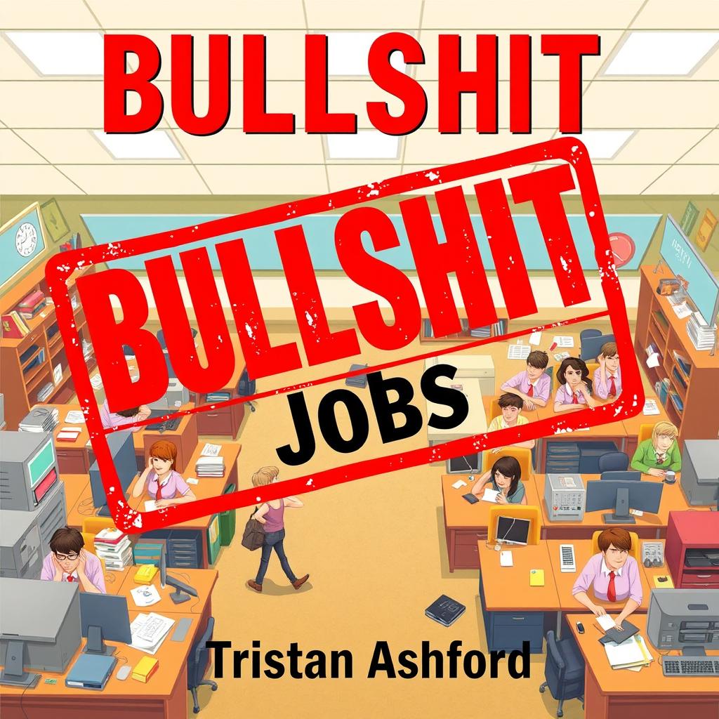 A flat cover design depicting a realistic office setting, featuring cluttered desks and confused employees, all rendered in a lively and dynamic style to capture the chaos and absurdity of the work environment