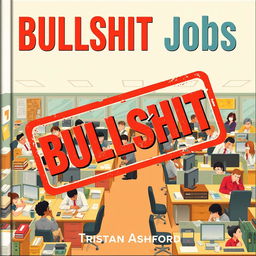 A flat cover design depicting a realistic office setting, featuring cluttered desks and confused employees, all rendered in a lively and dynamic style to capture the chaos and absurdity of the work environment