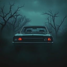 A dark and haunting scene inspired by American Horror Story, featuring a menacing impala car parked in an eerie, foggy landscape