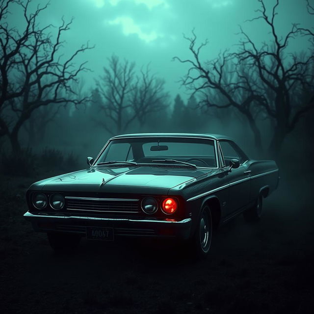 A dark and haunting scene inspired by American Horror Story, featuring a menacing impala car parked in an eerie, foggy landscape