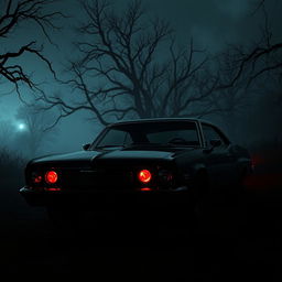 A dark and haunting scene inspired by American Horror Story, featuring a menacing impala car parked in an eerie, foggy landscape