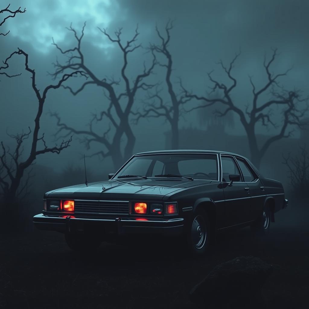 A dark and haunting scene inspired by American Horror Story, featuring a menacing impala car parked in an eerie, foggy landscape