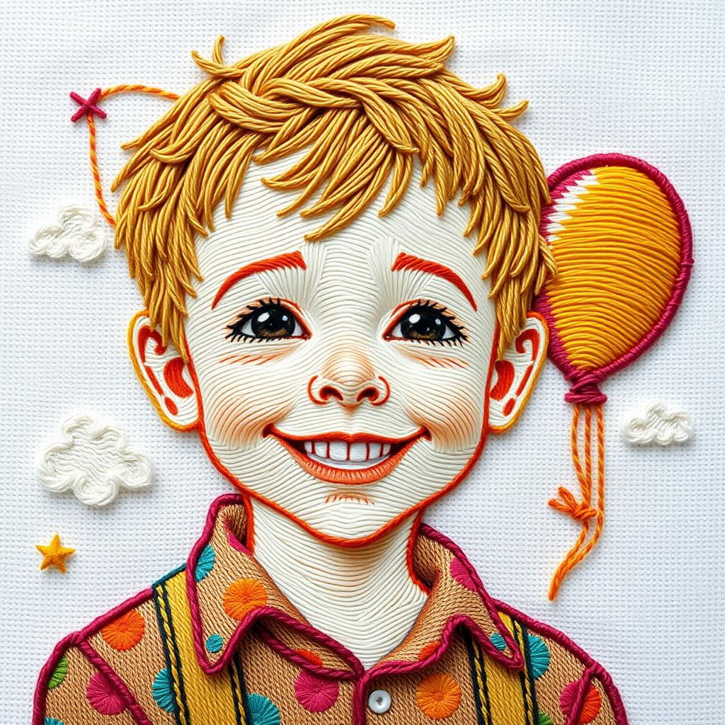 An intricately embroidered portrait of a boy with cheerful features, featuring short tousled hair and a bright smile