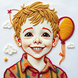 An intricately embroidered portrait of a boy with cheerful features, featuring short tousled hair and a bright smile