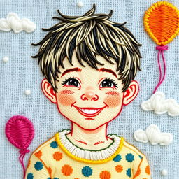 An intricately embroidered portrait of a boy with cheerful features, featuring short tousled hair and a bright smile