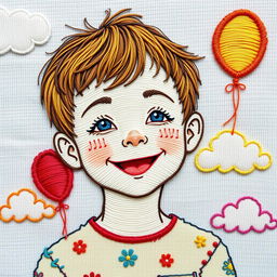 An intricately embroidered portrait of a boy with cheerful features, featuring short tousled hair and a bright smile