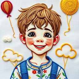 An intricately embroidered portrait of a boy with cheerful features, featuring short tousled hair and a bright smile
