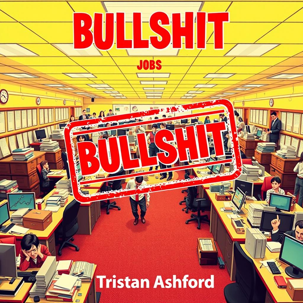 A realistic office setting featuring cluttered desks and confused employees in a dynamic and lively composition