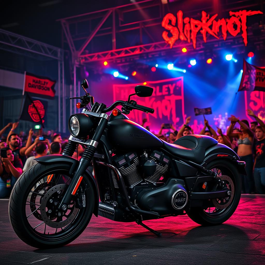 A striking blend of Harley Davidson motorcycles and the intense atmosphere of a Slipknot concert, featuring a powerful dark motorcycle with a matte finish against a backdrop of a high-energy live performance